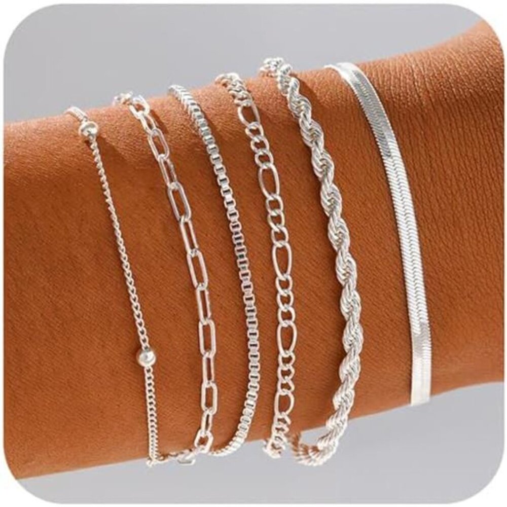 Gold Silver Bracelets for Women Stackable 14K Gold Plated Trendy Layered Jewelry